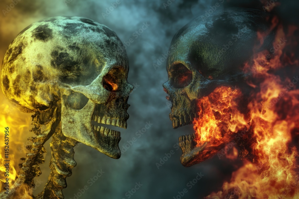 Poster two skulls face each other with a fiery backdrop