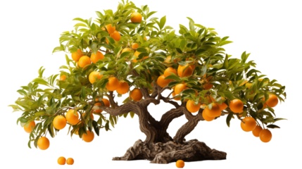 A lush orange tree full of ripe citrus fruits, standing vibrant against a natural outdoor backdrop, studio view, isolated on transparent background.
