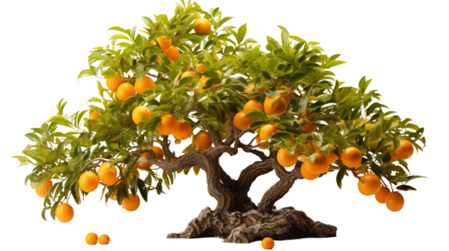 A lush orange tree full of ripe citrus fruits, standing vibrant against a natural outdoor backdrop, studio view, isolated on transparent background.