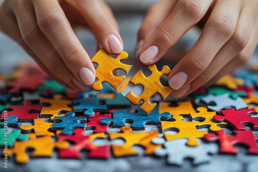 Poster a person focusing on completing a puzzle, with a single piece being added