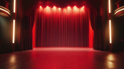 Empty theater stage with red curtains and dramatic uplighting ready for an evening performance