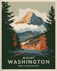 Mount Washington Poster Illustration Travel Print Decor Wall Retro Art, New Hampshire.