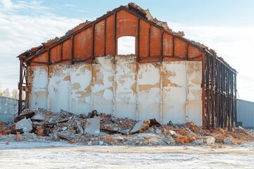 Demolished building sits in snow, great for winter backgrounds or abandoned places