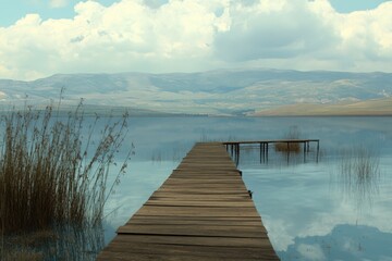 Fototapeta premium A wooden dock stretching out into the lake with calm water and surrounding nature