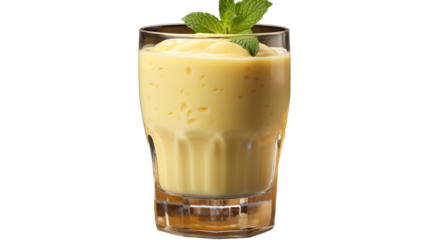 A refreshing mango lassi in a glass, a perfect blend of sweet mango and creamy yogurt, studio view, isolated on transparent background.