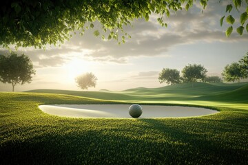 Fototapeta premium A golf ball sits at the edge of a lush green golf course, perfect for a tee shot or practice