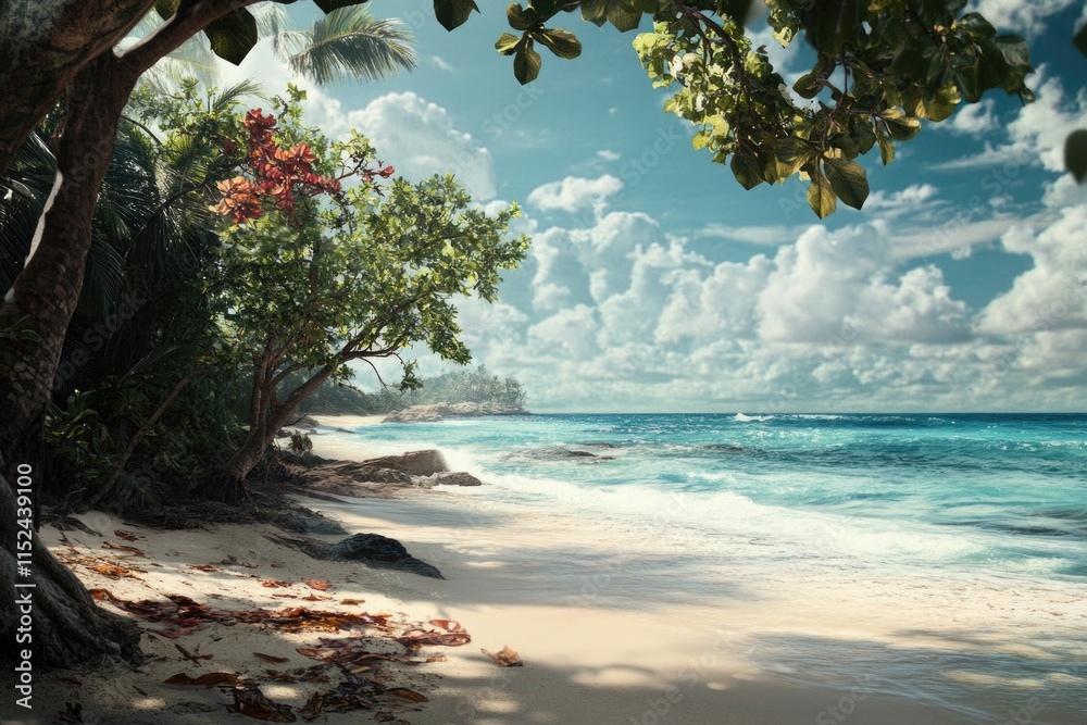 Poster a palm tree stands out on a sandy beach with the ocean in the background