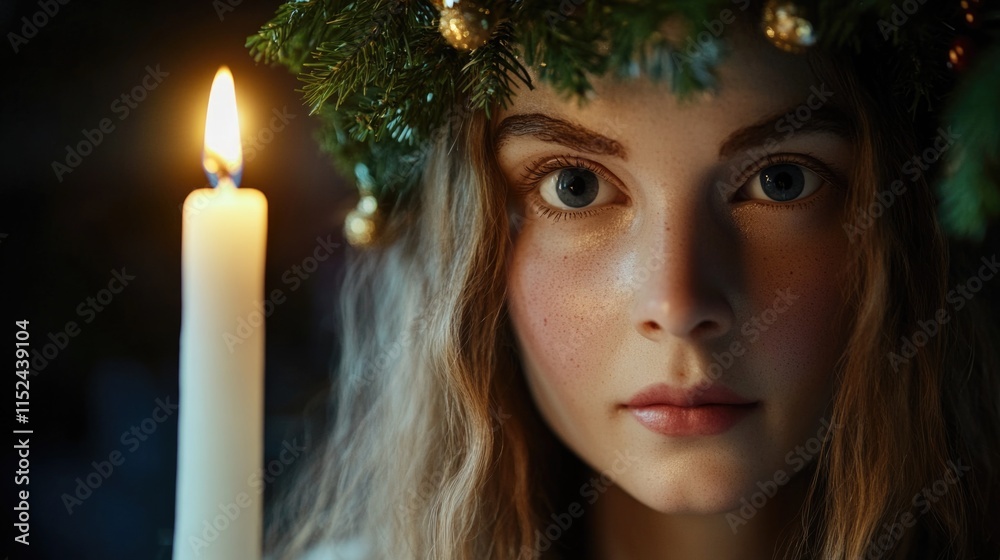 Poster a woman holds a candle in front of her face, creating a warm and intimate atmosphere