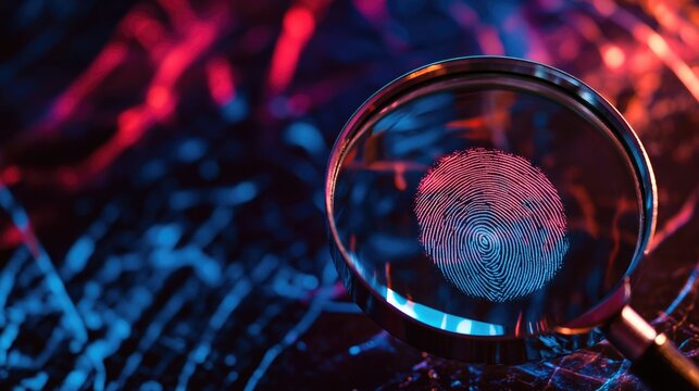 A close-up of a magnifying glass with a fingerprint on the lens, possibly for forensic investigation or detective work