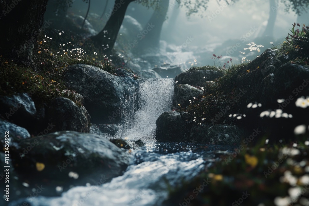 Poster a serene and peaceful scene of a stream flowing through a dense green forest