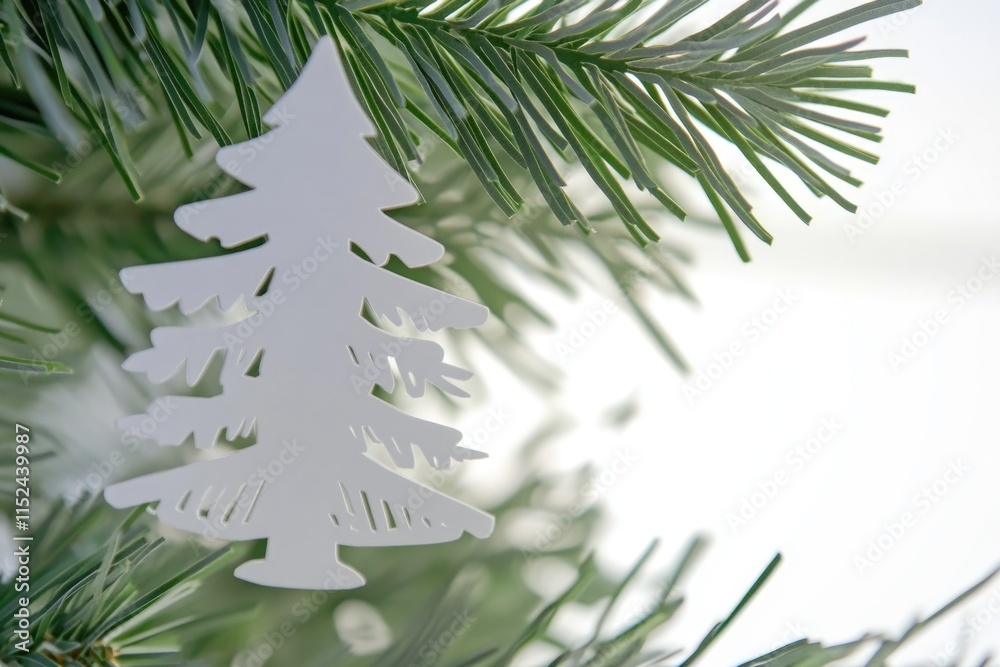 Poster a paper cutout of a christmas tree hangs from a tree branch, a festive and fun decoration for any se