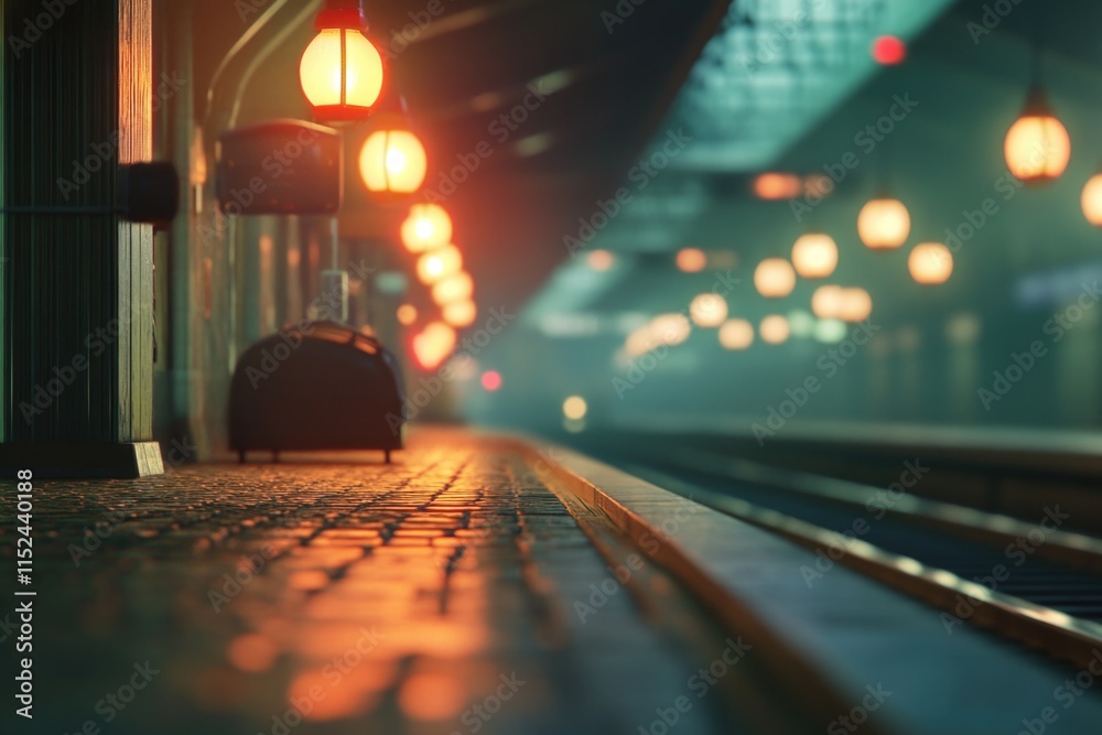 Poster old train station with a suitcase left on the platform, perfect for travel or transportation concept