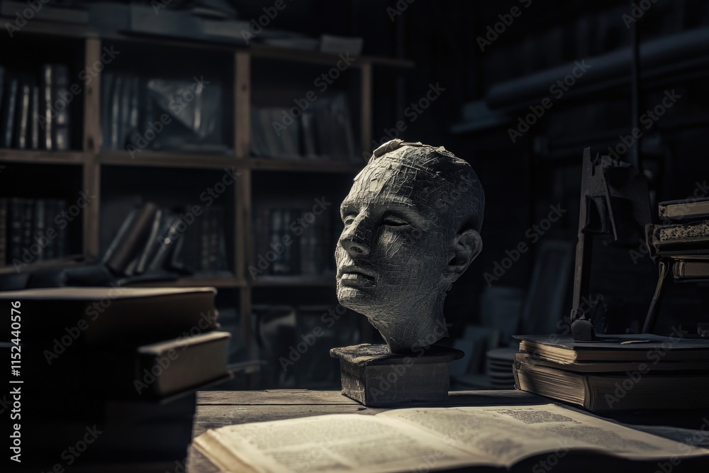 Aufkleber a close-up image of a bust of a man sitting on top of a wooden table, with a simple and elegant desi
