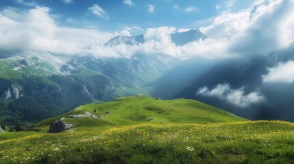 Obraz premium Majestic mountain landscape with lush green hills and dramatic clouds in clear blue sky