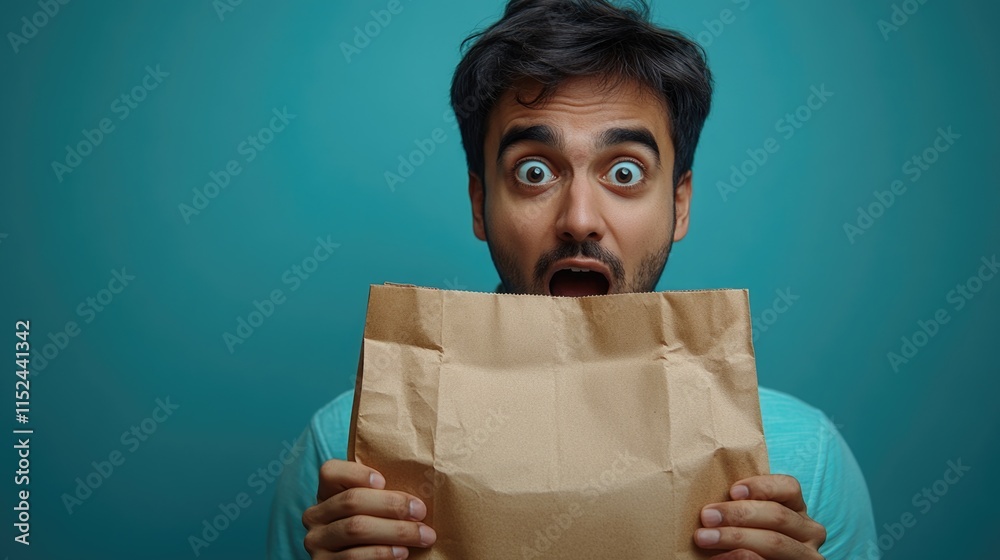 Poster a person hiding their identity with a brown paper bag, suitable for use in scenes of anonymity or di