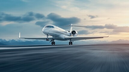 Private jet landing on runway with mountains and dramatic sky at sunset in a serene aviation scene