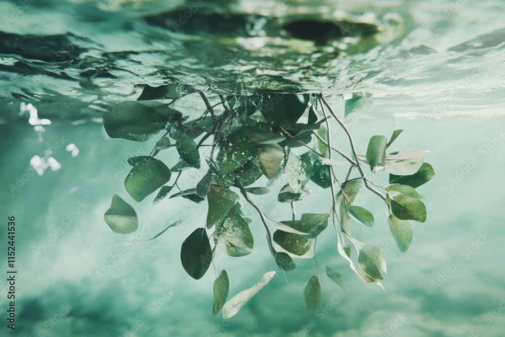 Poster a natural phenomenon of autumnal decay with leaves floating on the surface of calm water, suitable f