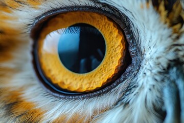 A detailed view of an owl's eye with expressive features