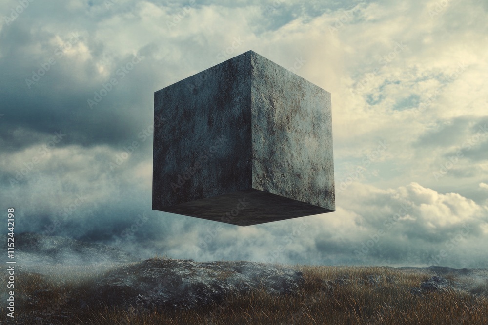 Aufkleber a large concrete cube suspended in mid-air, no visible support or attachment