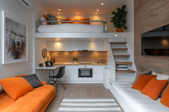 Photographie int&eacute;rieure d&rsquo;un studio &eacute;tudiant optimis&eacute; et contemporain, avec un lit mezzanine, un bureau int&eacute;gr&eacute; et une kitchenette compacte,  id&eacute;al pour une vie fonctionnelle dans un espace restreint.
