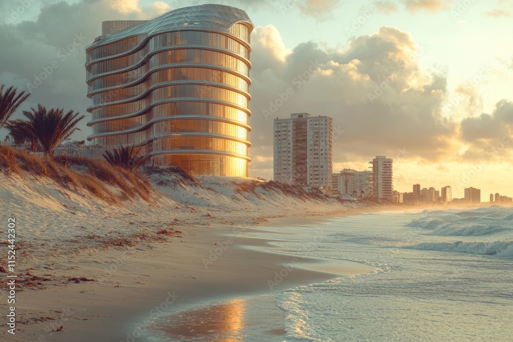 Poster A scenic view of a beach with buildings and structures in the background, suitable for use in travel or real estate photography