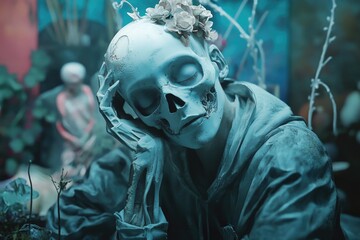 A person wearing a skeleton-inspired headdress in a room, suitable for Halloween or costume-themed content