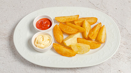 Fries on plate with ketchup and mayonnaise