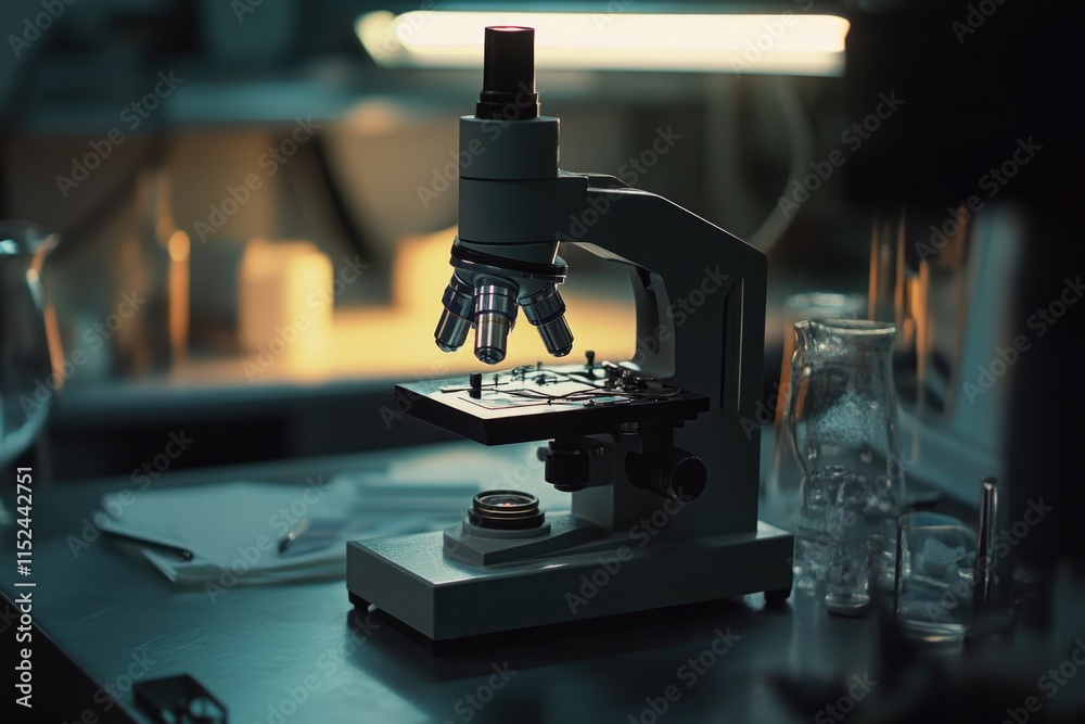 Poster a microscope sitting on a table, great for science and laboratory scenes