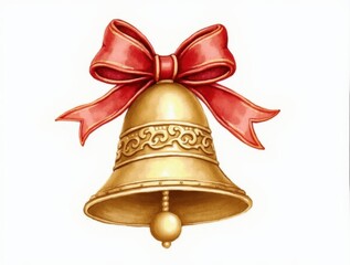 golden bell with red ribbon
