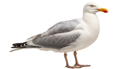 A natural white seagull perched by the water, blending perfectly with its serene coastal surroundings, studio view, isolated on transparent background.