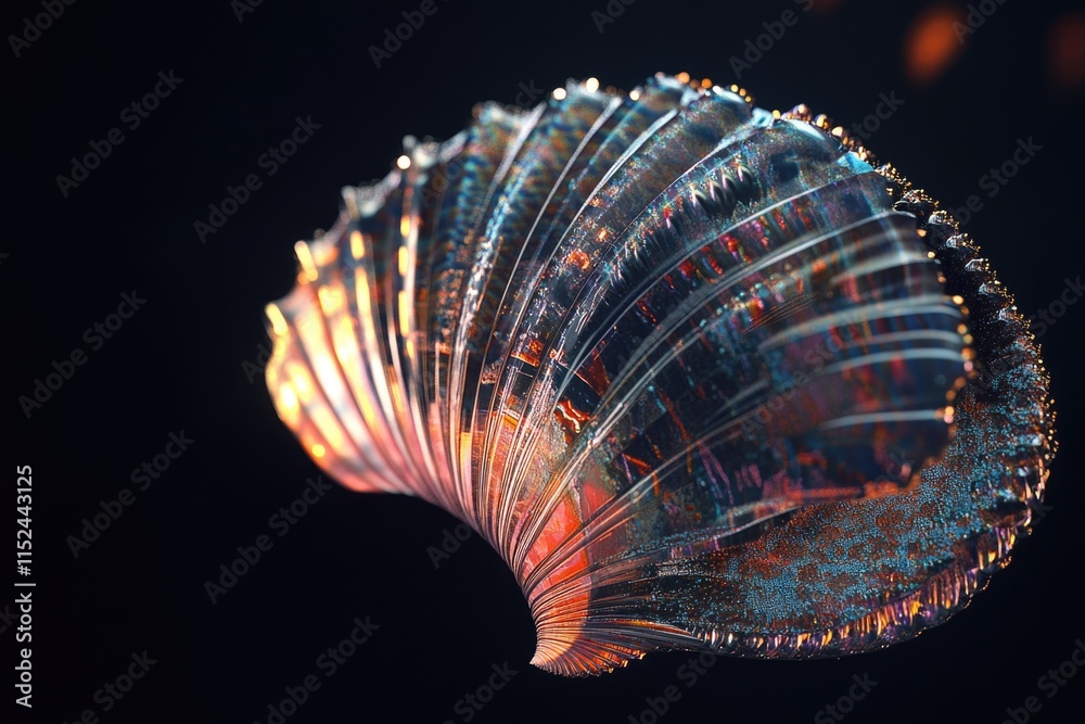 Poster a detailed view of a shell on a dark background, great for use in still life or nature photography