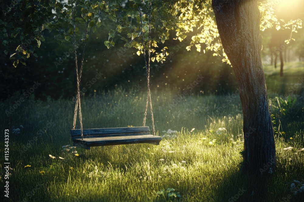 Poster a colorful tree swing hangs from the branches of a tree in a lush green field, perfect for outdoor r