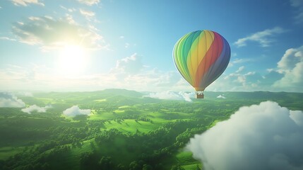 Naklejka premium Colorful Hot Air Balloon Soaring Over Lush Green Landscape