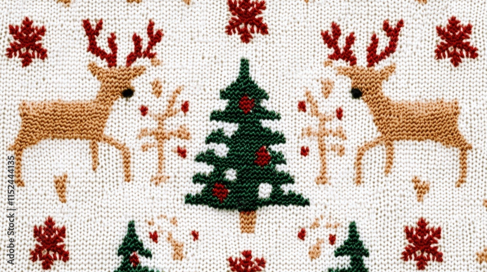 Aufkleber Close-up view of a knitted fabric featuring deer and tree patterns
