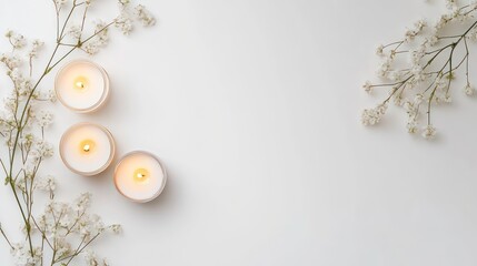 flat lay of flowers candles on white background festive decoration copy space top view
