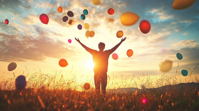 A silhouette of a person raising their arms while colorful balloons float in the golden glow of a sunset field
