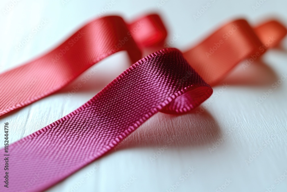 Poster a pair of ribbons in red and pink colors placed on a white surface