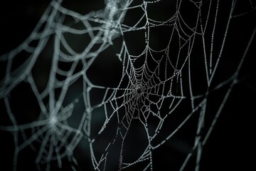 A close-up of a spider web covered in dew drops, great for using as a symbol of patience and hard work