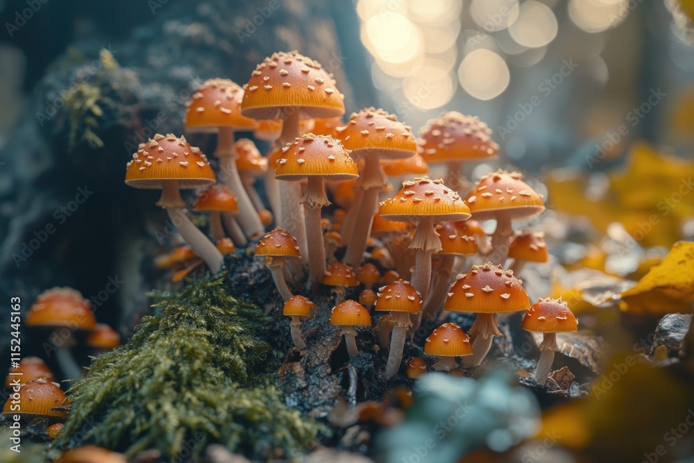 Poster A cluster of mushrooms growing on top of a tree stump in a natural setting