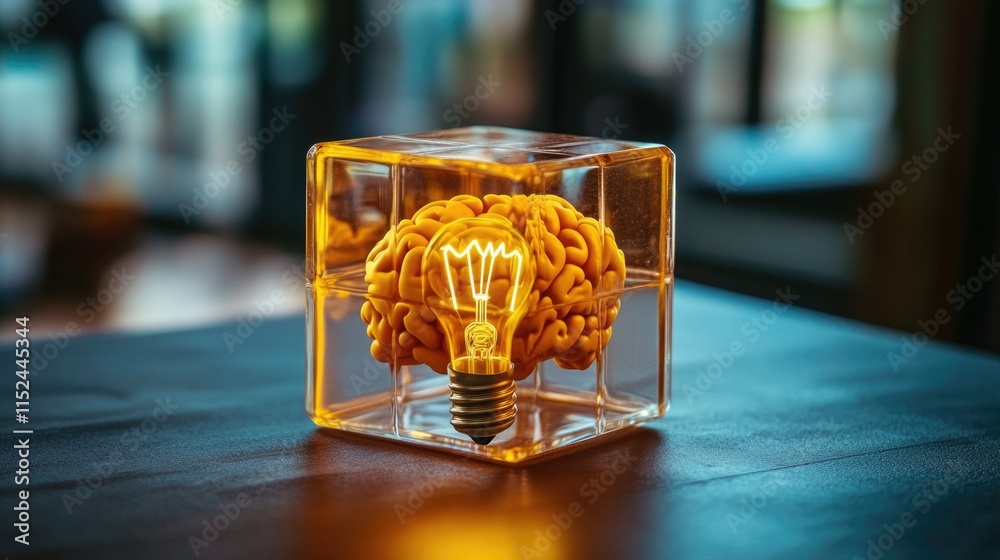 Poster an innovative light bulb concept featuring a brain inside, suitable for tech-related illustrations a