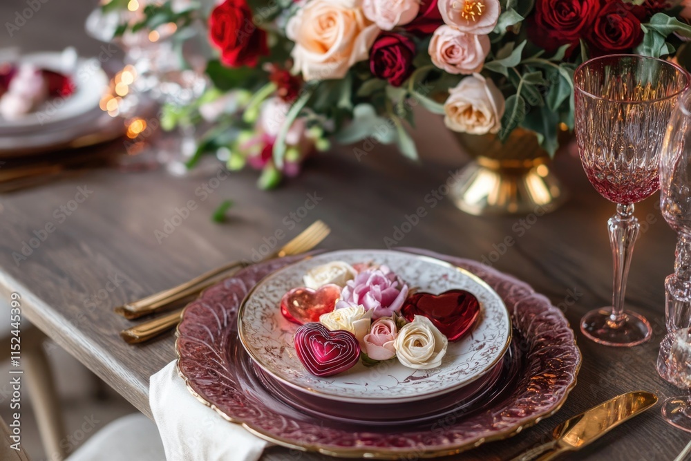 Poster a table setting with a plate of food and a vase of flowers