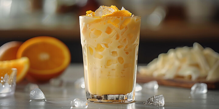 Chilled glass of Dominican morir soando a creamy orange drink made with milk and fresh orange juice served with ice cubes placed on a bright white background