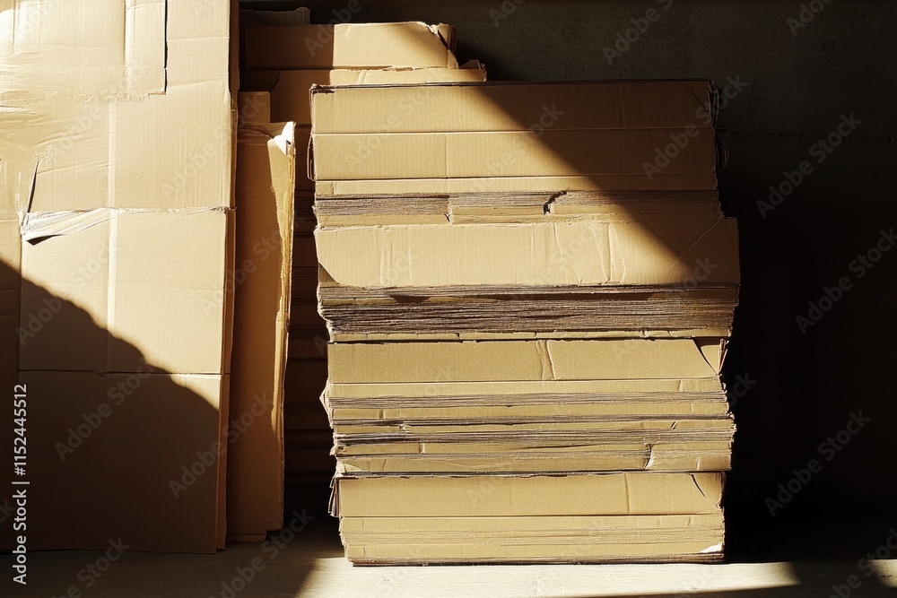 Poster a pile of cardboard boxes stacked on the floor, possibly in a storage or moving situation