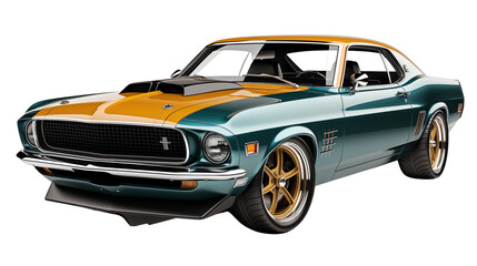 Front view of a vintage muscle car with polished curves, symbolizing speed, power, and style, studio view, isolated on transparent background.