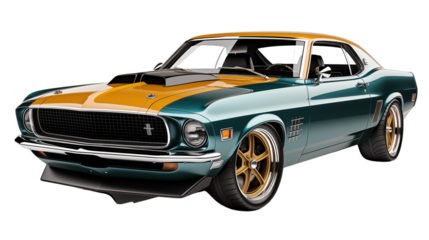 Front view of a vintage muscle car with polished curves, symbolizing speed, power, and style, studio view, isolated on transparent background.