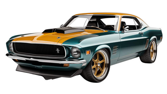 Front view of a vintage muscle car with polished curves, symbolizing speed, power, and style, studio view, isolated on transparent background.