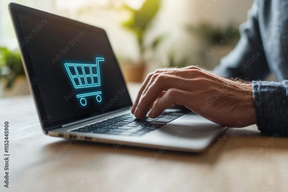 Poster a person using their laptop to shop online, with a shopping cart icon displayed on the screen