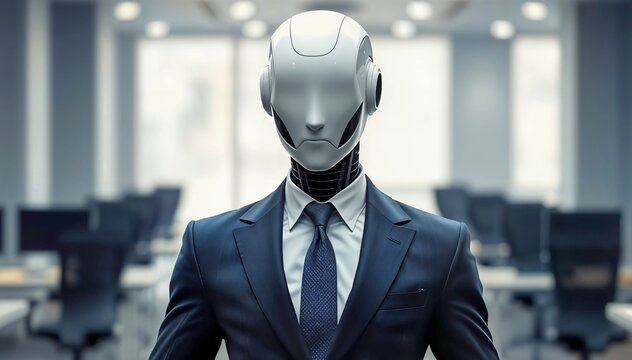 Humanoid robot wearing suit and tie in office setting, artificial intelligence and business
