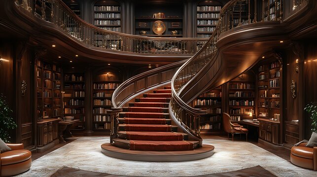 Grand library interior with circular staircase, bookshelves, and red carpet.
