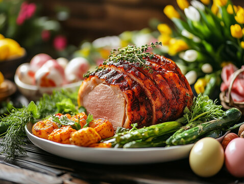 Deliciously prepared roasted ham with seasonal vegetables and colorful decorations for a festive easter gathering in springtime